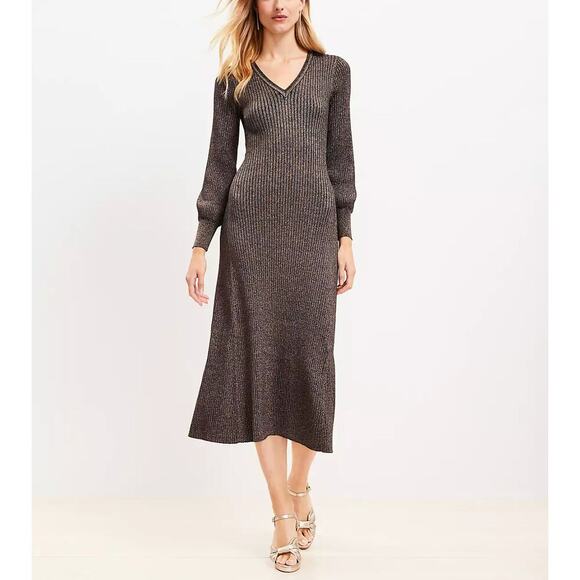 LOFT Dresses & Skirts - LOFT Gold Black Shimmer Ribbed V-Neck Midi Sweater Dress Blouson Sleeves